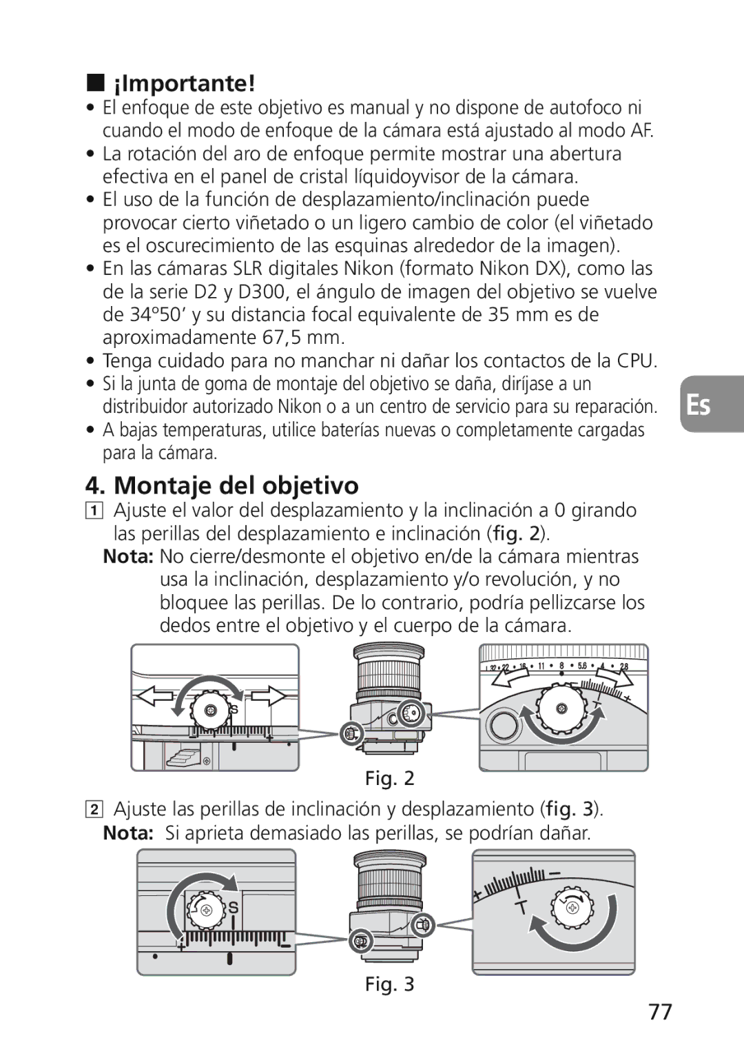 Nikon 2174 user manual ¡Importante, Montaje del objetivo 