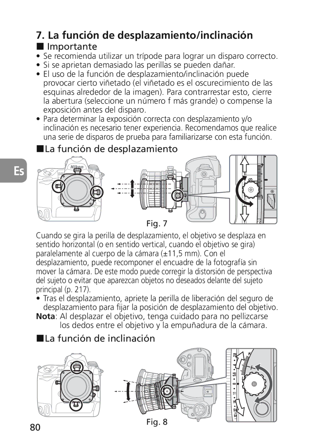 Nikon 2174 user manual La función de desplazamiento/inclinación, Importante, La función de inclinación 