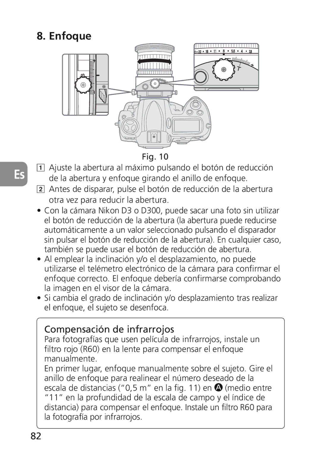 Nikon 2174 user manual Enfoque, Compensación de infrarrojos, De la abertura y enfoque girando el anillo de enfoque 