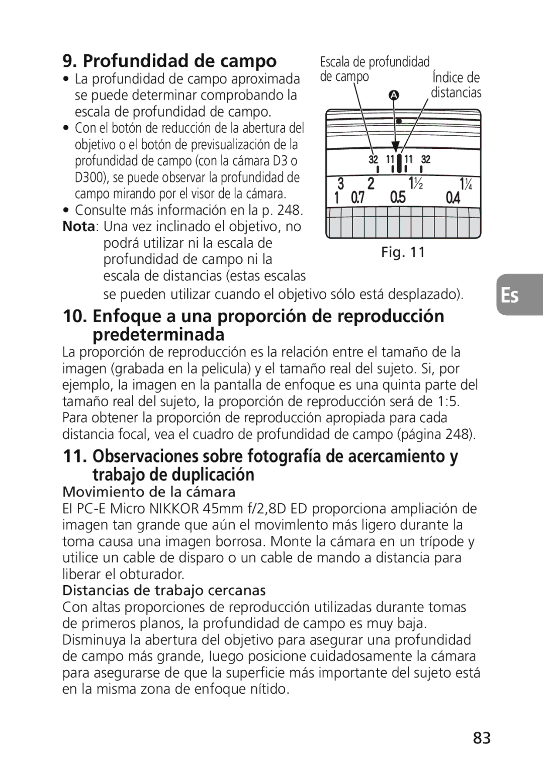 Nikon 2174 user manual Profundidad de campo, Enfoque a una proporción de reproducción predeterminada, De campo 