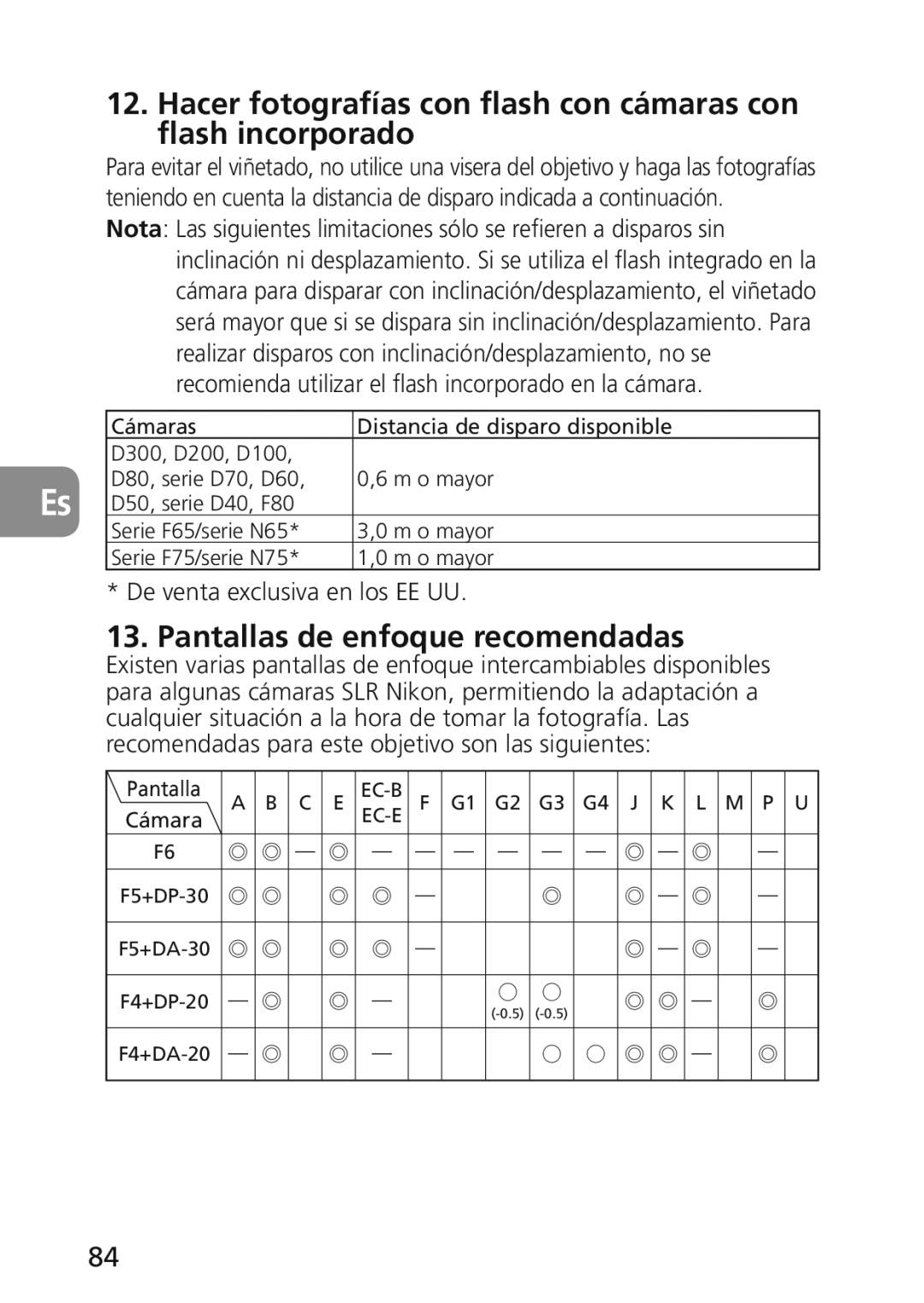 Nikon 2174 user manual Pantallas de enfoque recomendadas, De venta exclusiva en los EE UU 