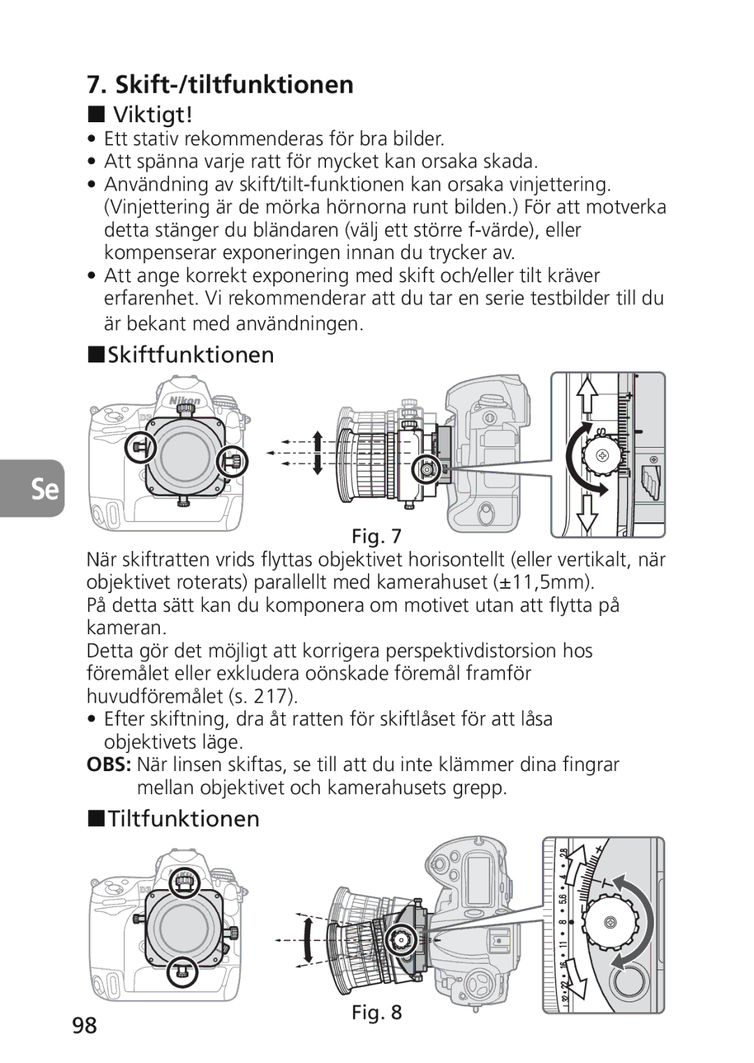 Nikon 2174 user manual Skift-/tiltfunktionen, Viktigt, Skiftfunktionen, Tiltfunktionen 