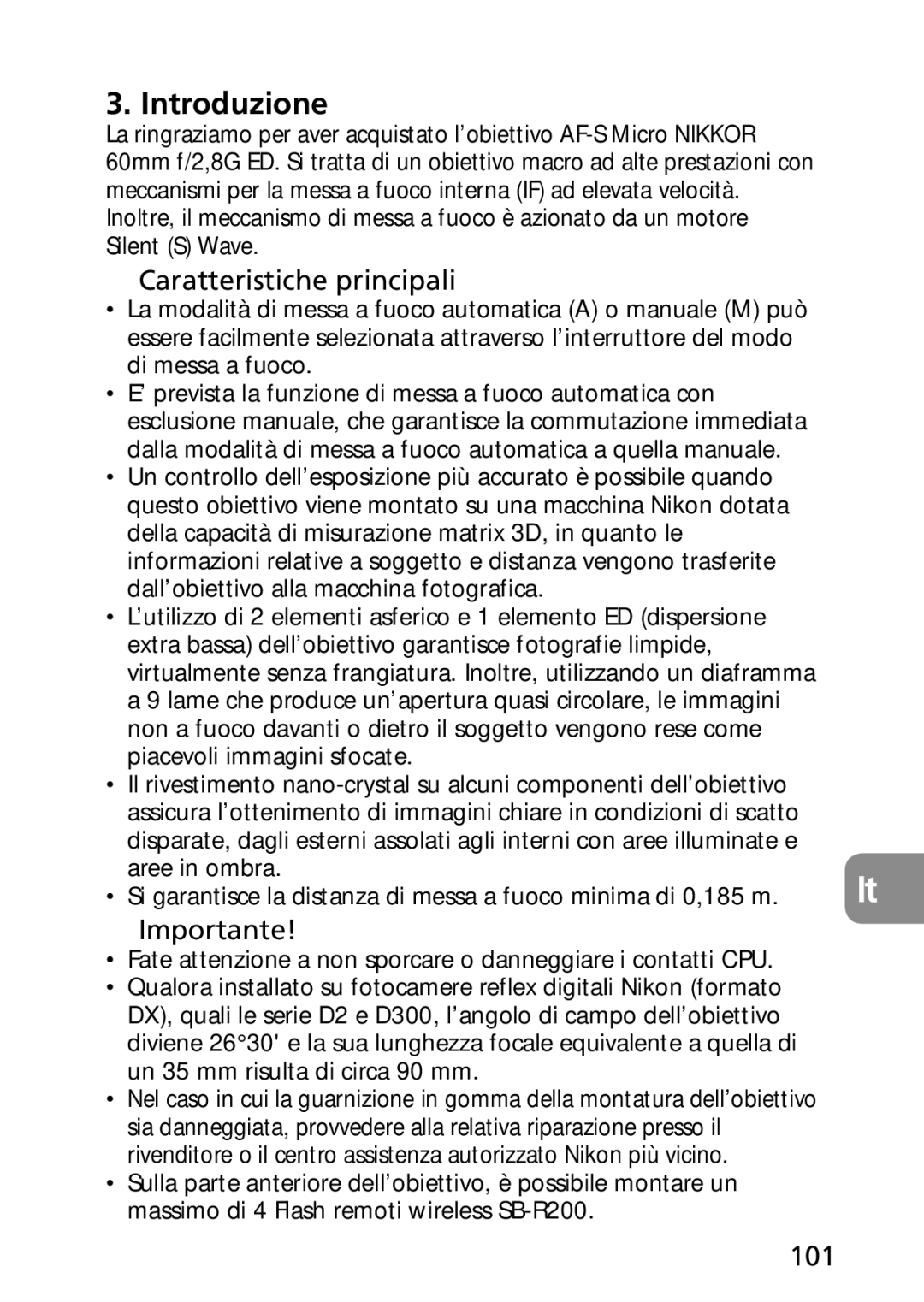 Nikon 1987, 2177 user manual Introduzione, Caratteristiche principali, Importante, 101 