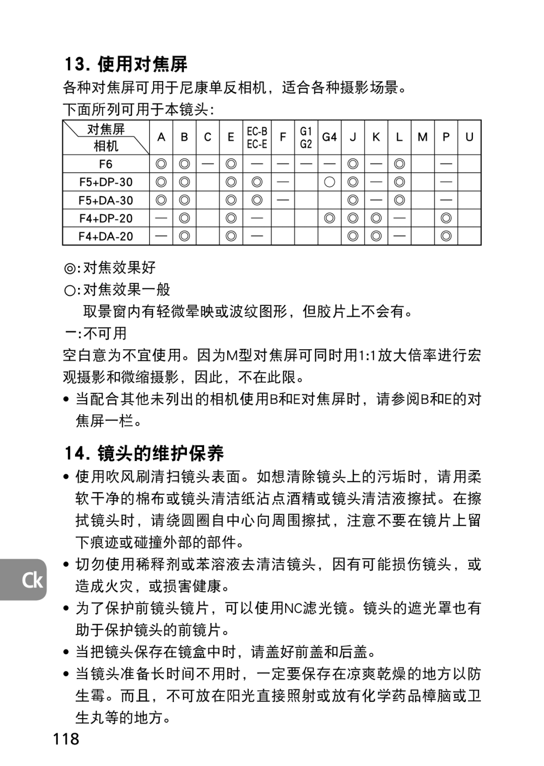 Nikon 2177, 1987 user manual 13. 使用对焦屏, 118 