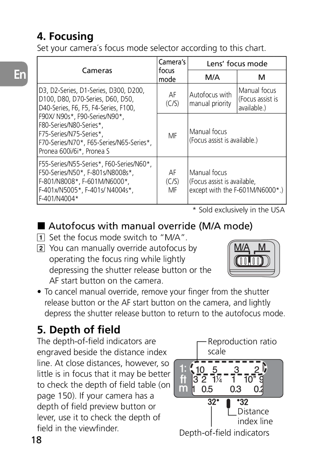 Nikon 2177, 1987 user manual Focusing, Depth of field, Autofocus with manual override M/A mode 