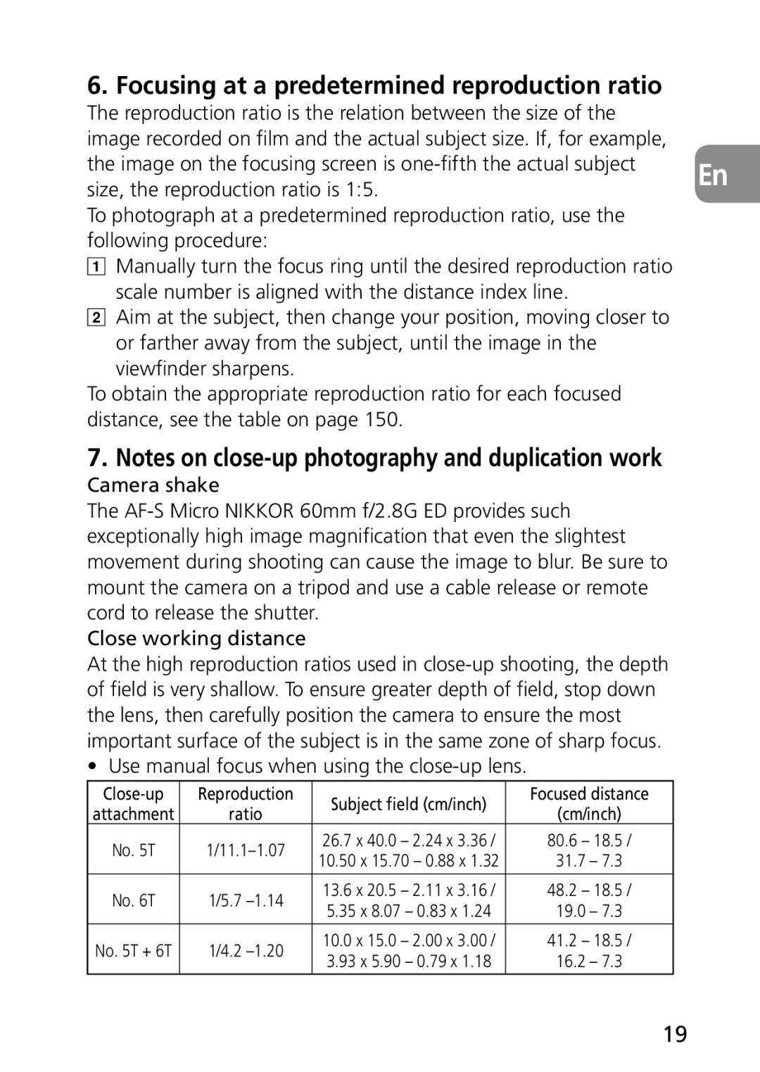 Nikon 1987 Focusing at a predetermined reproduction ratio, Use manual focus when using the close-up lens, Focused distance 