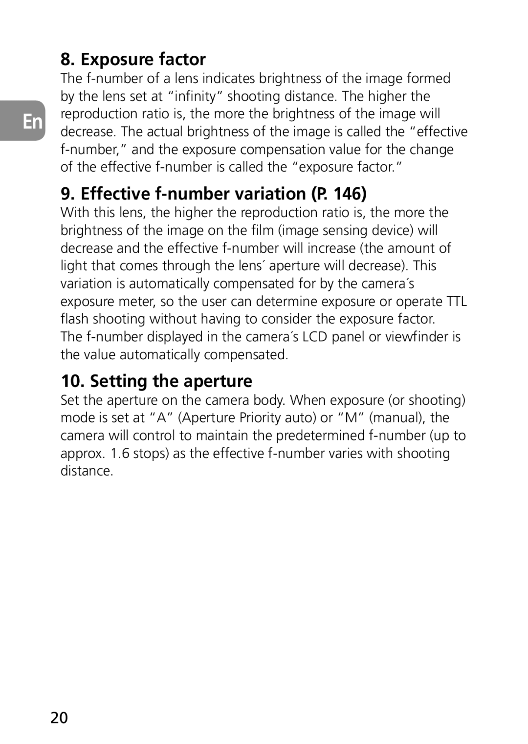 Nikon 2177, 1987 user manual Exposure factor, Effective f-number variation P, Setting the aperture 