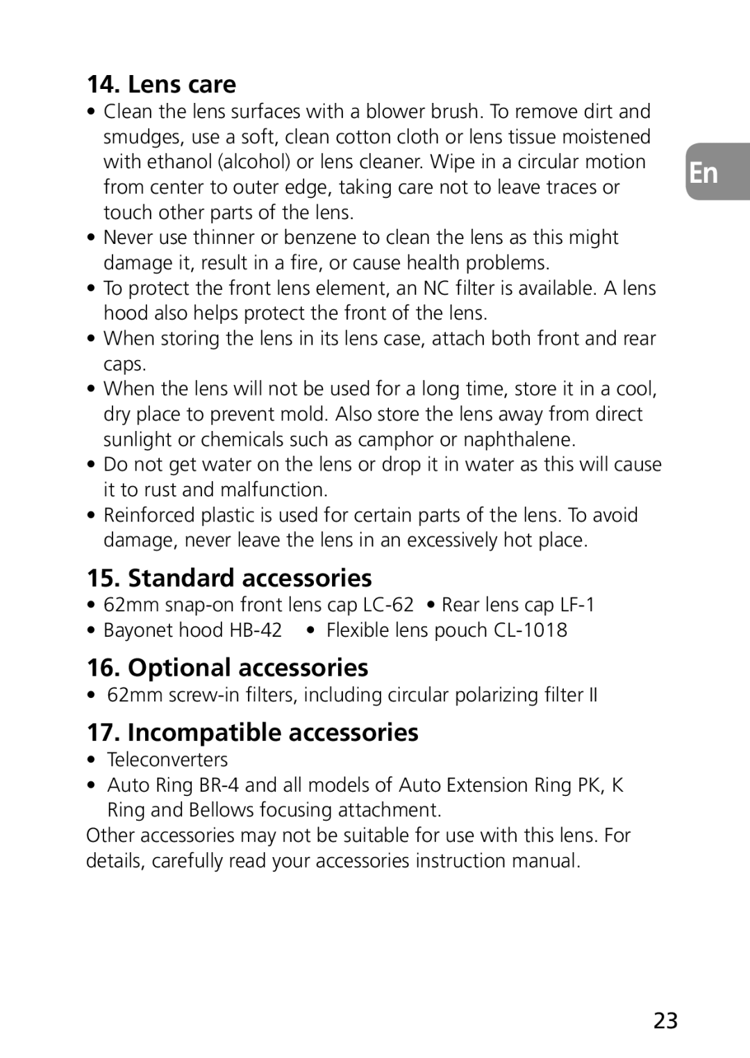 Nikon 1987, 2177 user manual Lens care, Standard accessories, Optional accessories, Incompatible accessories 