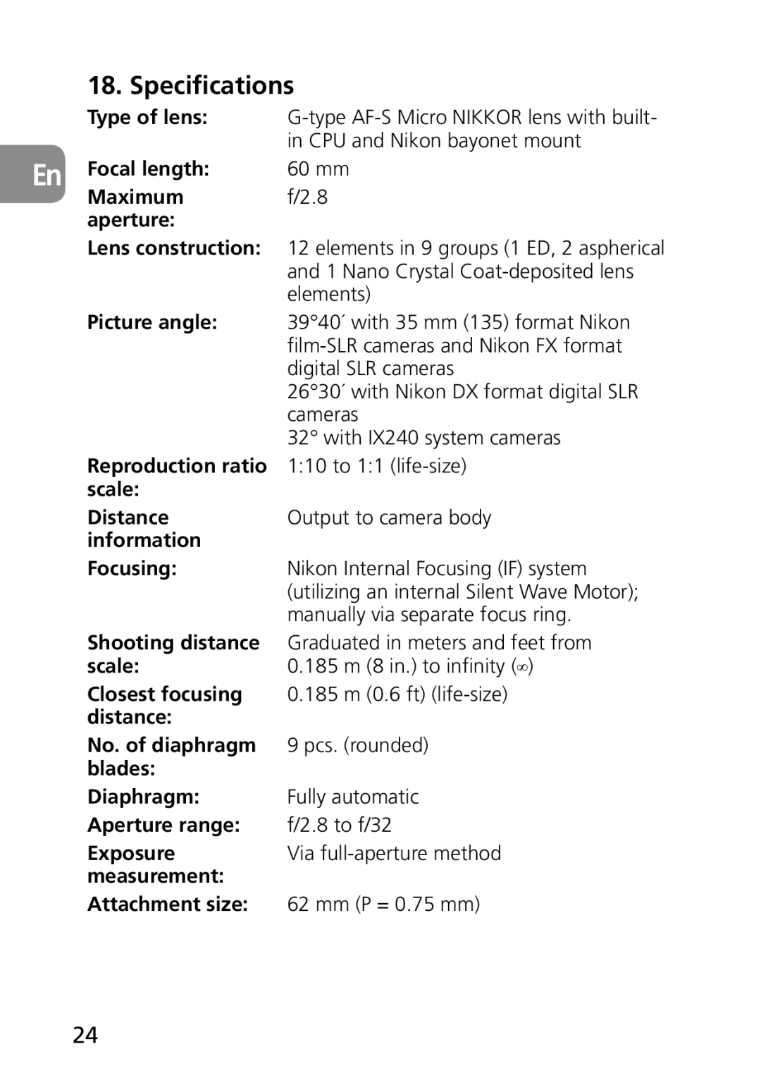 Nikon 2177, 1987 user manual Specifications 