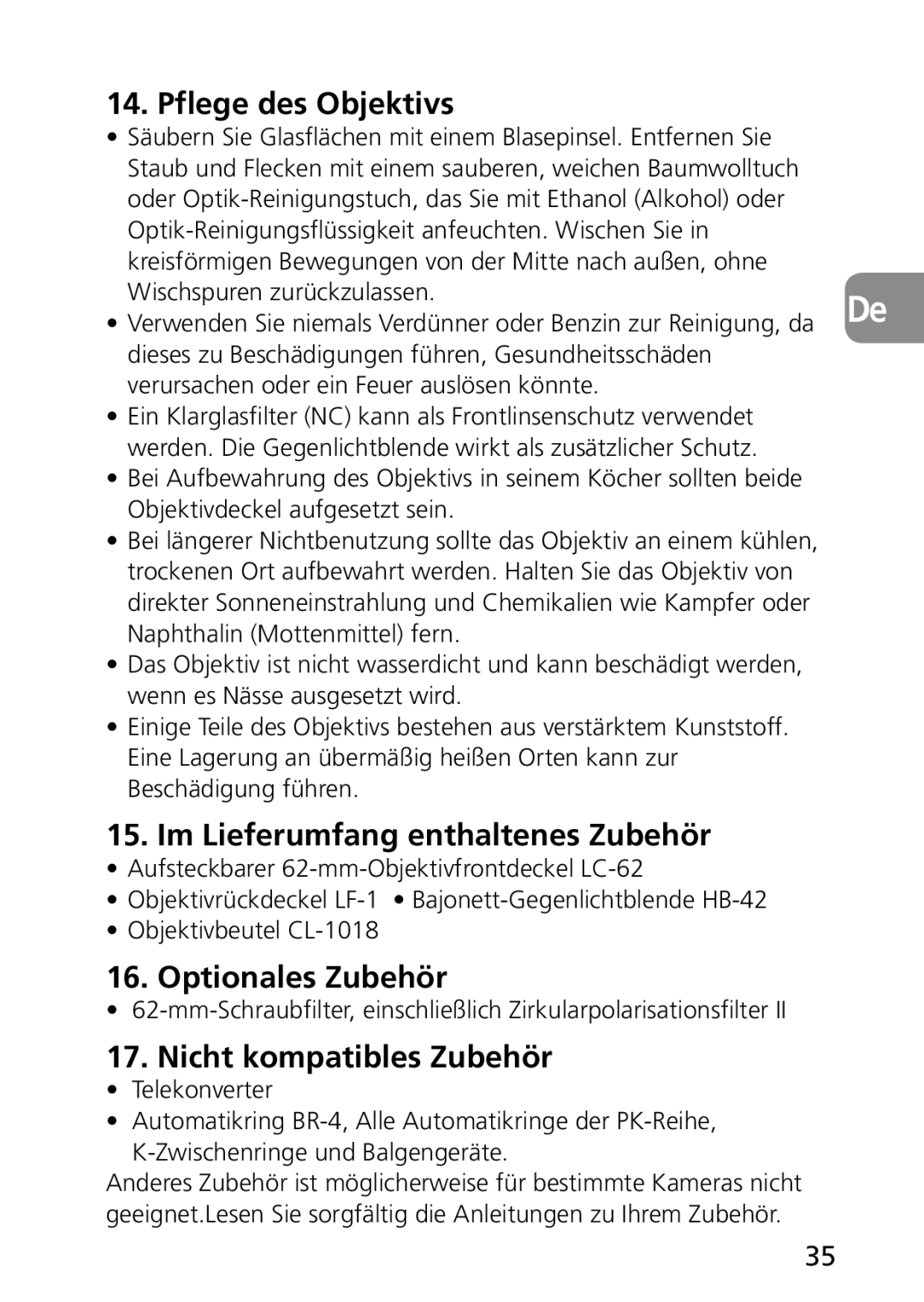 Nikon 1987, 2177 Pflege des Objektivs, Im Lieferumfang enthaltenes Zubehör, Optionales Zubehör, Nicht kompatibles Zubehör 