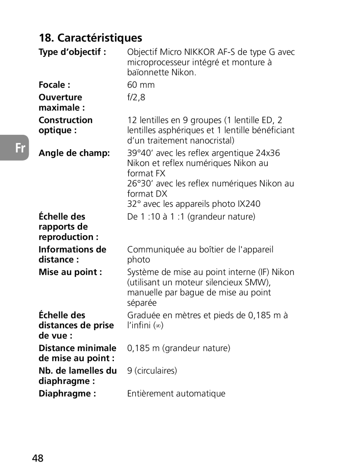 Nikon 2177, 1987 user manual Caractéristiques 