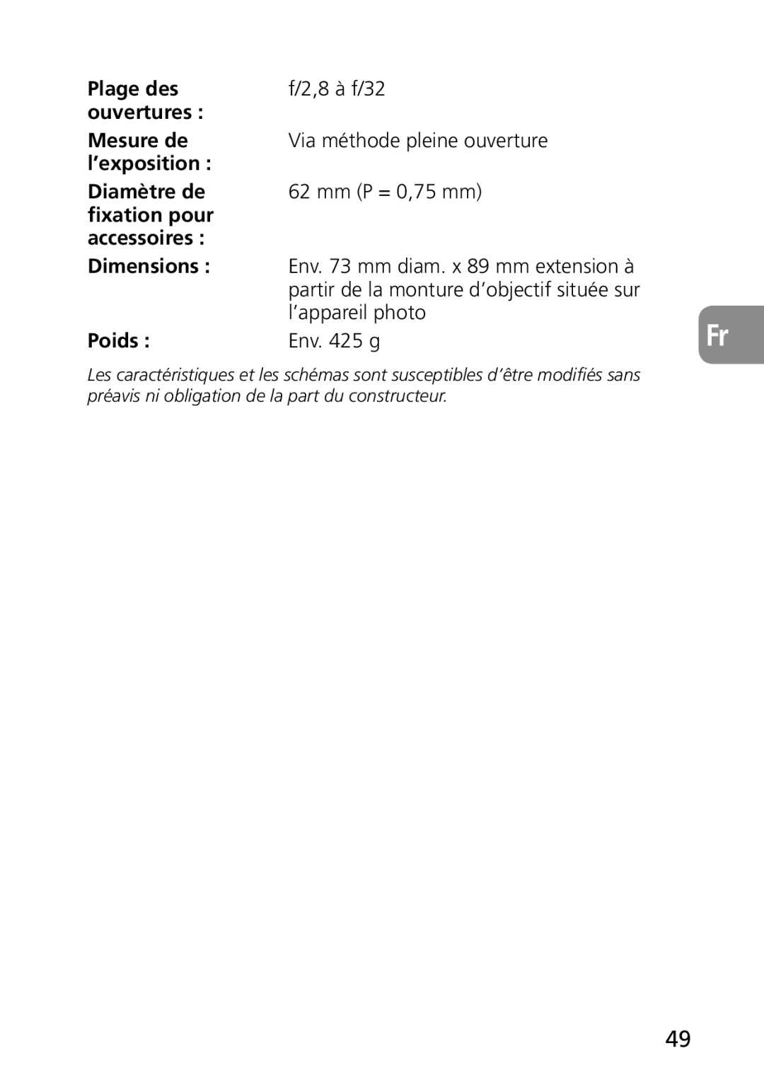 Nikon 1987, 2177 user manual ’appareil photo, Poids Env g 