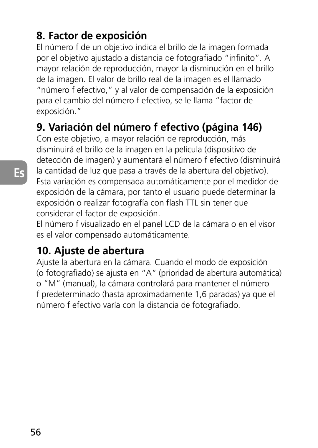 Nikon 2177, 1987 user manual Factor de exposición, Variación del número f efectivo página, Ajuste de abertura 