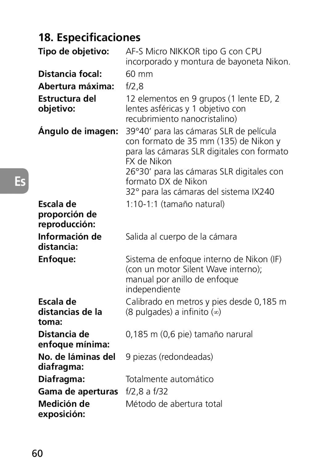 Nikon 2177, 1987 user manual Especificaciones 