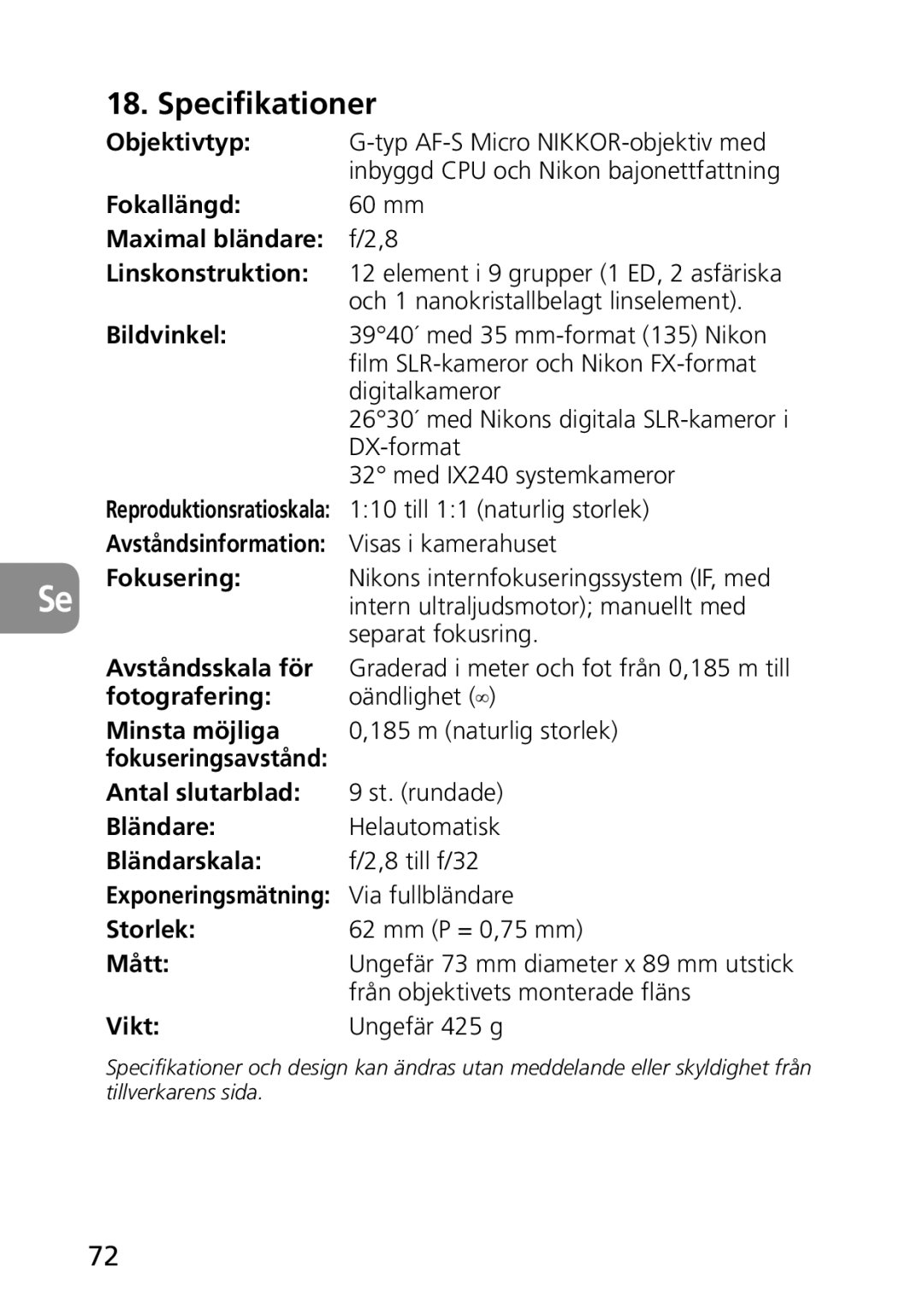 Nikon 2177, 1987 user manual Specifikationer 