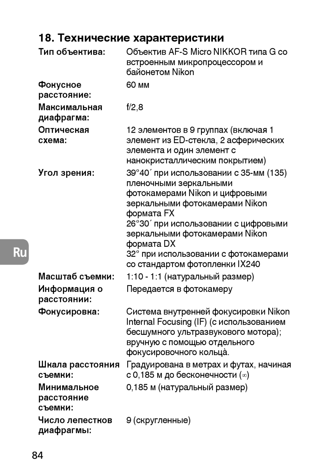 Nikon 2177, 1987 user manual 18. Технические характеристики 