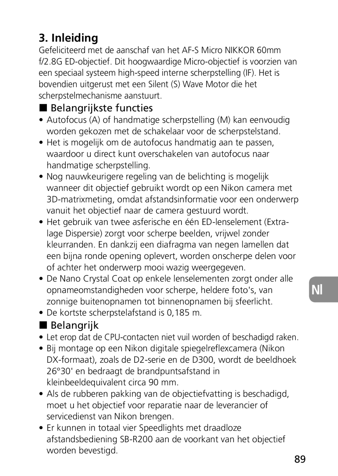 Nikon 1987, 2177 user manual Inleiding, Belangrijkste functies 