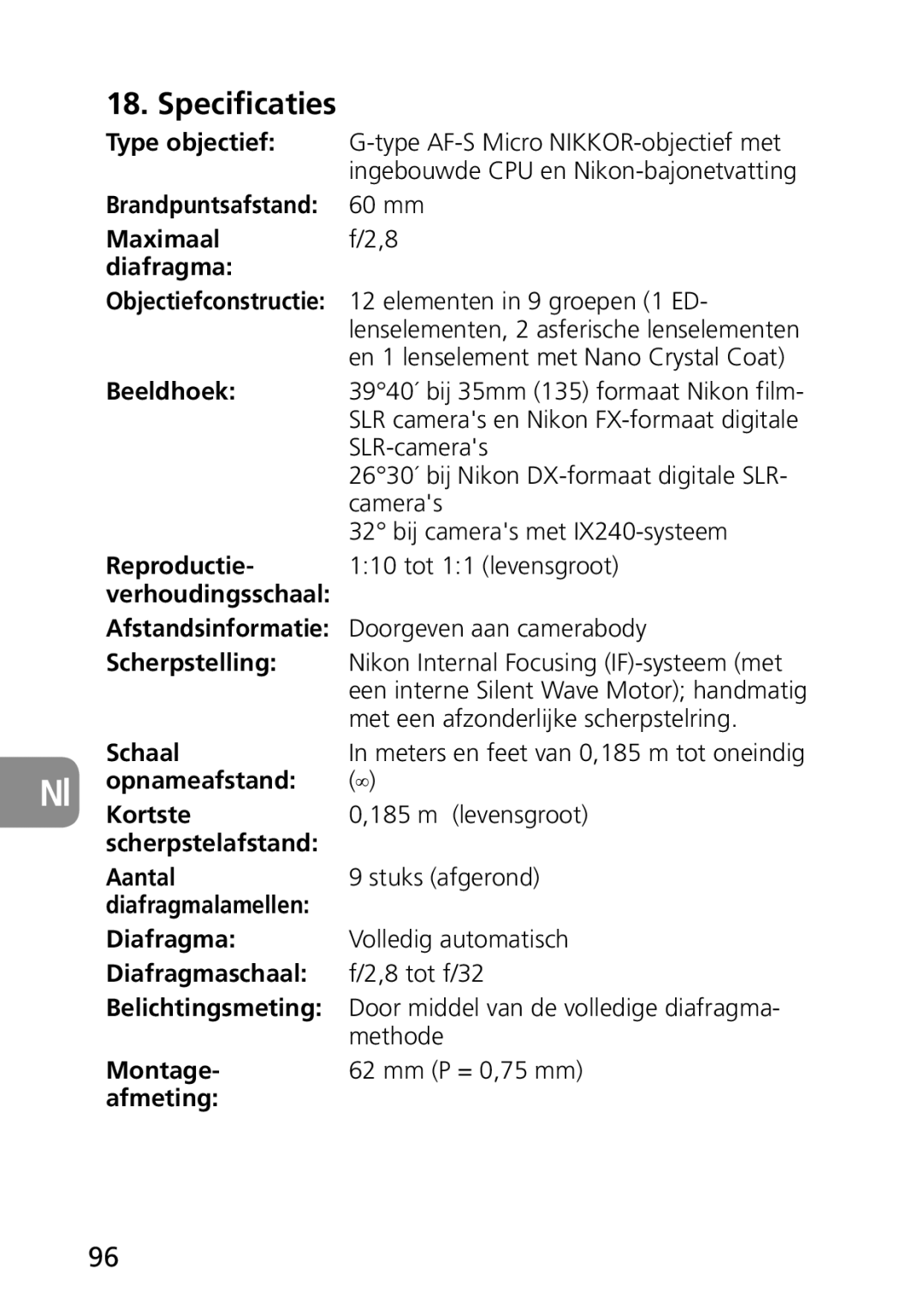 Nikon 2177, 1987 user manual Specificaties 