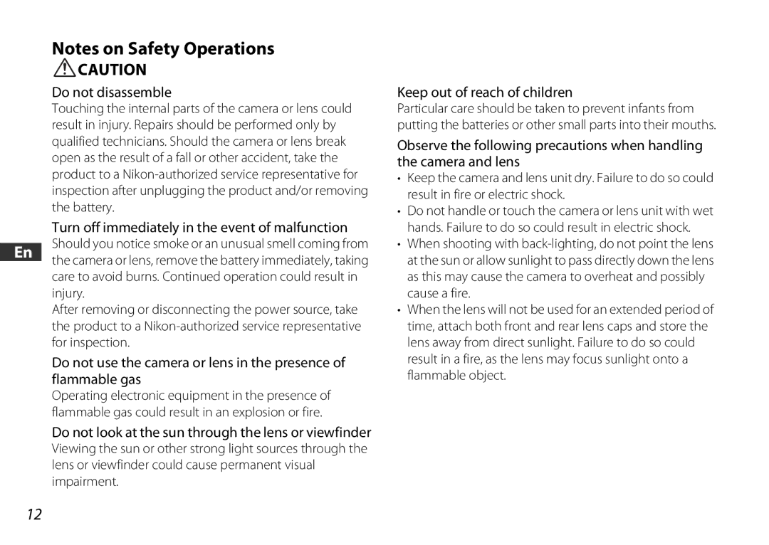 Nikon 2178 user manual Do not disassemble, Turn off immediately in the event of malfunction, Flammable gas 