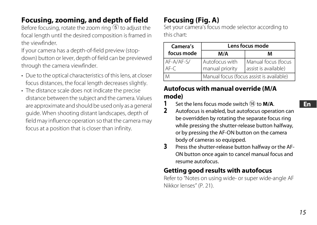 Nikon 2178 user manual Focusing, zooming, and depth of field, Focusing Fig. a, Autofocus with manual override M/A mode 