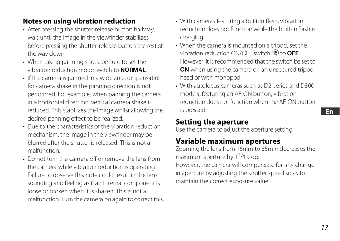 Nikon 2178 user manual Setting the aperture, Variable maximum apertures 