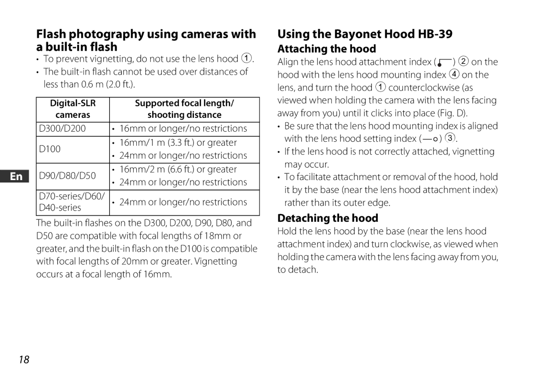 Nikon 2178 Flash photography using cameras with a built-in flash, Using the Bayonet Hood HB-39, Attaching the hood 