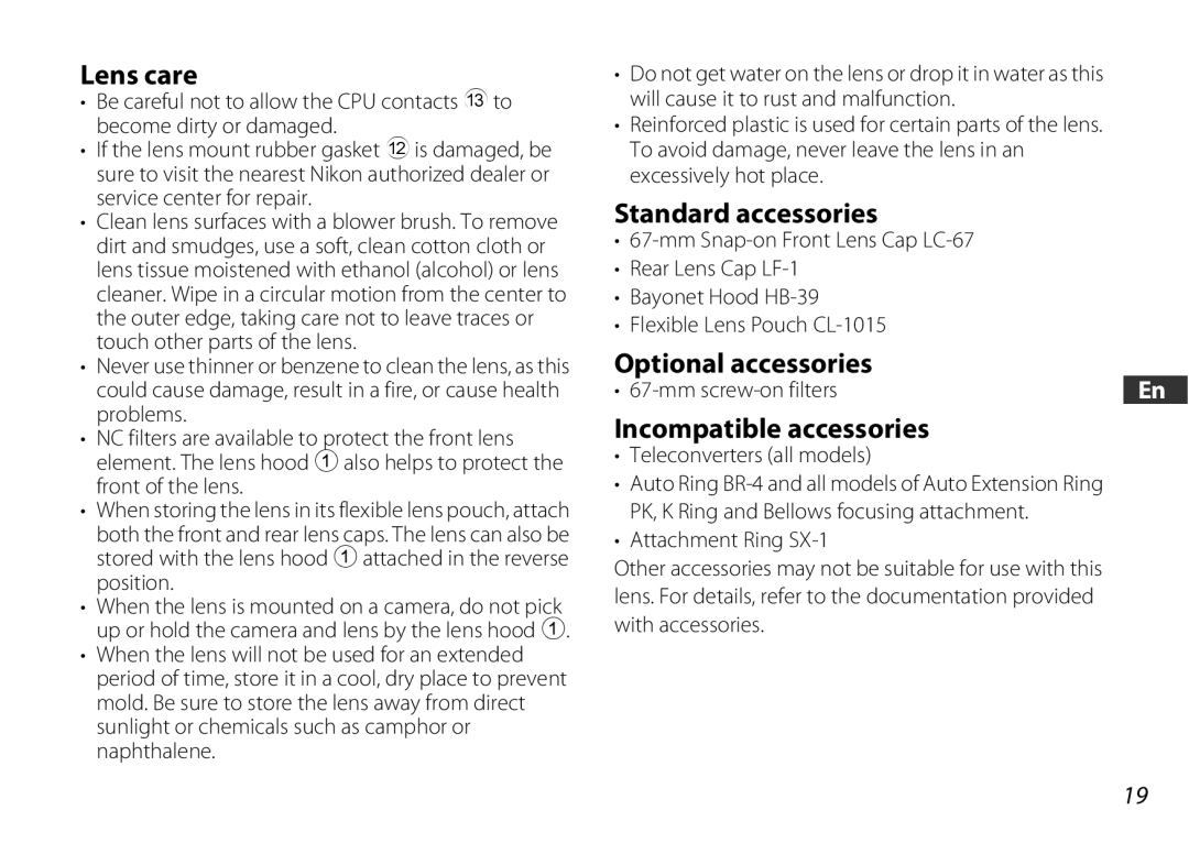 Nikon 2178 user manual Lens care, Standard accessories, Optional accessories, Incompatible accessories 