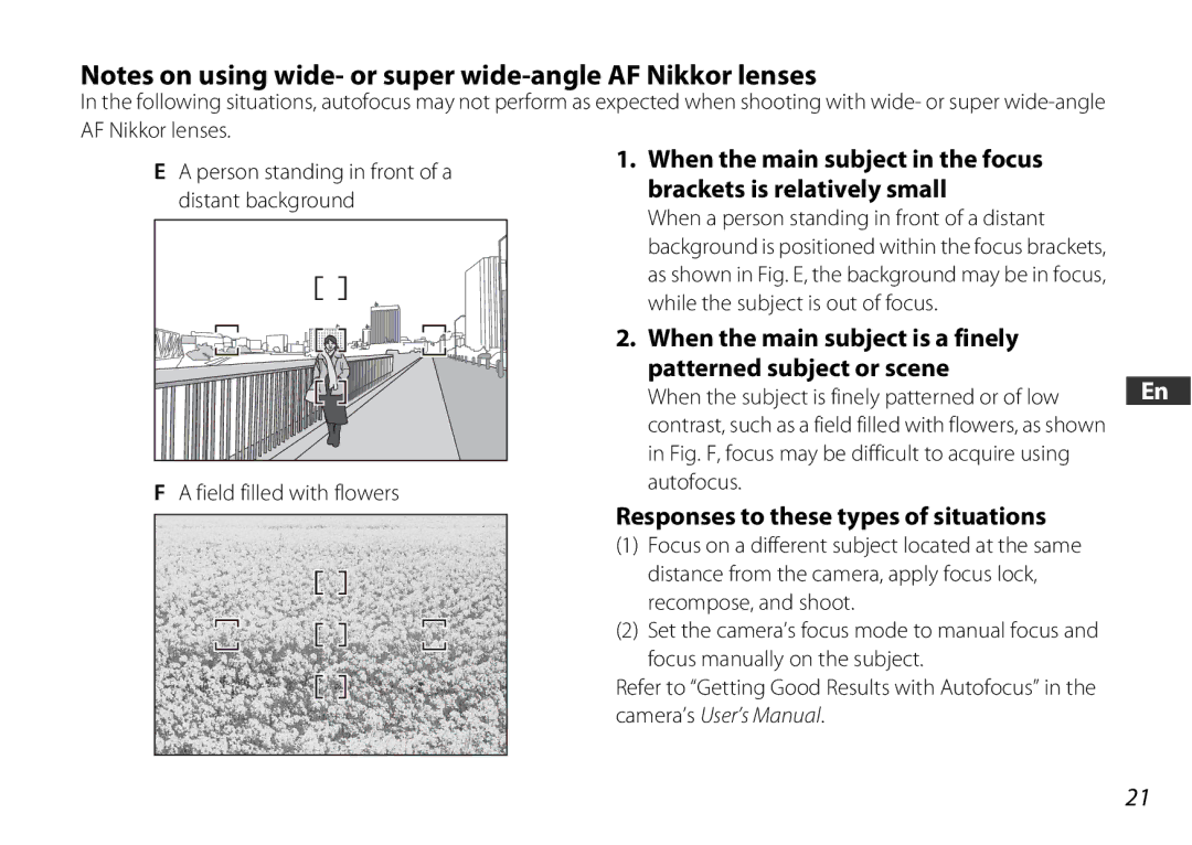 Nikon 2178 user manual Responses to these types of situations, When the subject is finely patterned or of low, Autofocus 