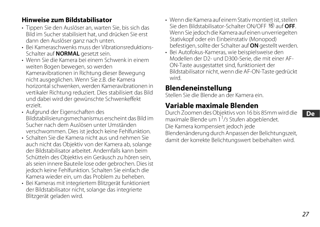 Nikon 2178 user manual Blendeneinstellung, Variable maximale Blenden, Hinweise zum Bildstabilisator 