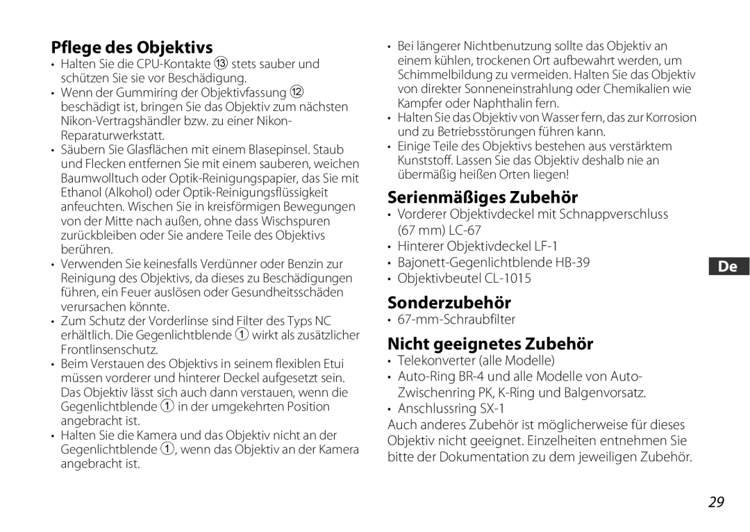 Nikon 2178 user manual Pflege des Objektivs, Serienmäßiges Zubehör, Sonderzubehör, Nicht geeignetes Zubehör 