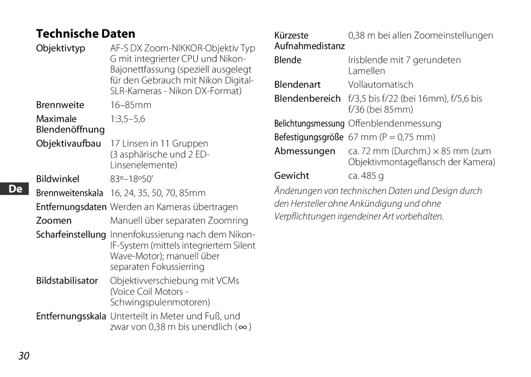 Nikon 2178 user manual Technische Daten 