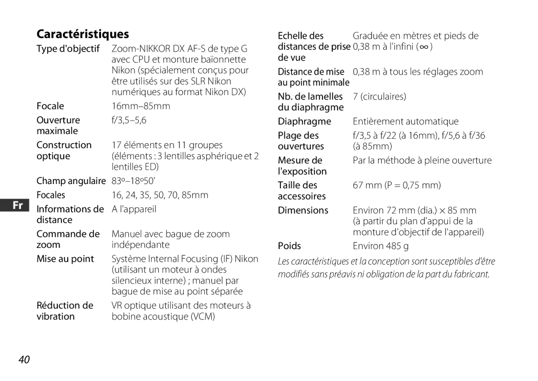 Nikon 2178 user manual Caractéristiques 