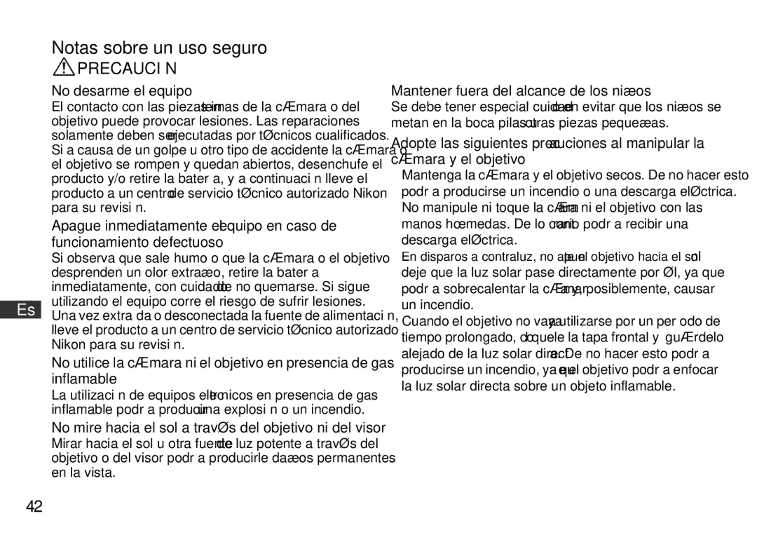 Nikon 2178 Notas sobre un uso seguro, No desarme el equipo, No mire hacia el sol a través del objetivo ni del visor 