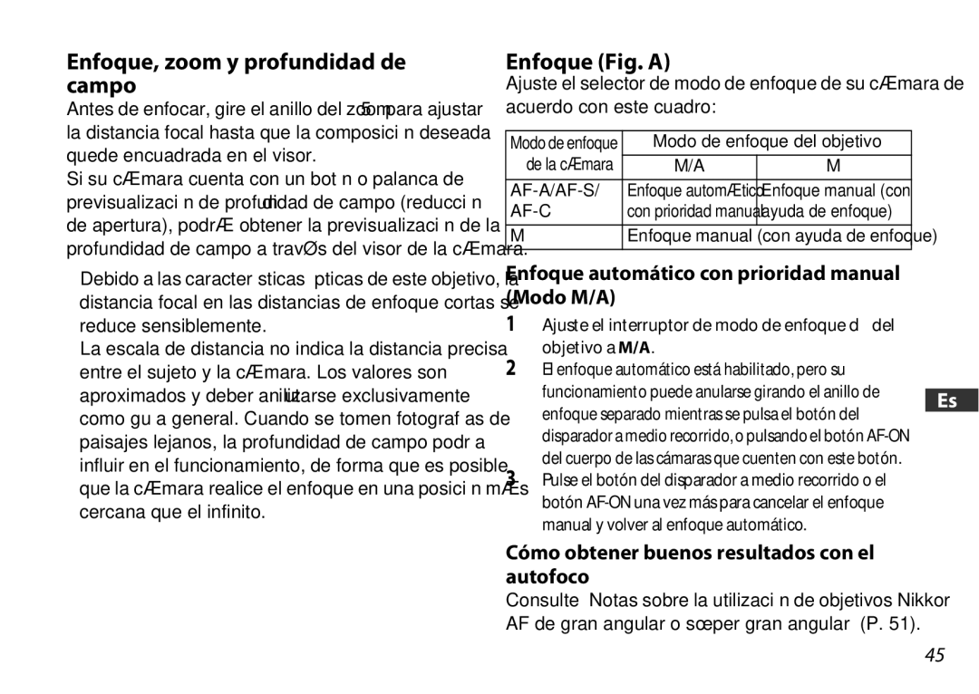 Nikon 2178 Enfoque, zoom y profundidad de campo, Enfoque Fig. a, Enfoque automático con prioridad manual Modo M/A 