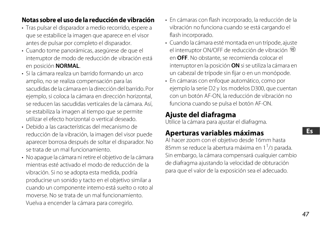 Nikon 2178 user manual Ajuste del diafragma, Aperturas variables máximas, Utilice la cámara para ajustar el diafragma 