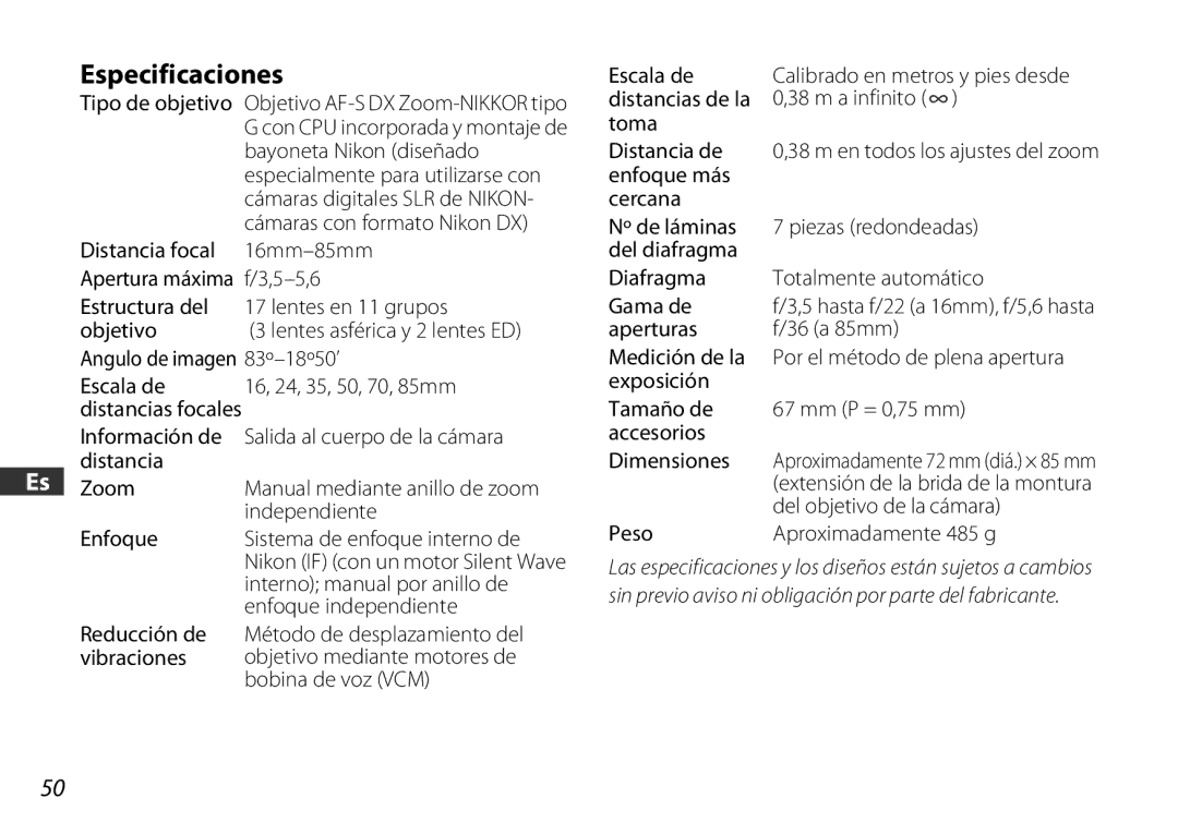 Nikon 2178 user manual Especificaciones 