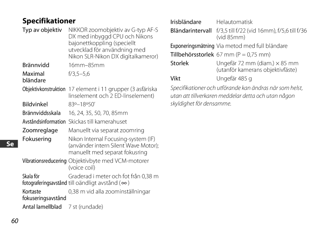 Nikon 2178 user manual Specifikationer 