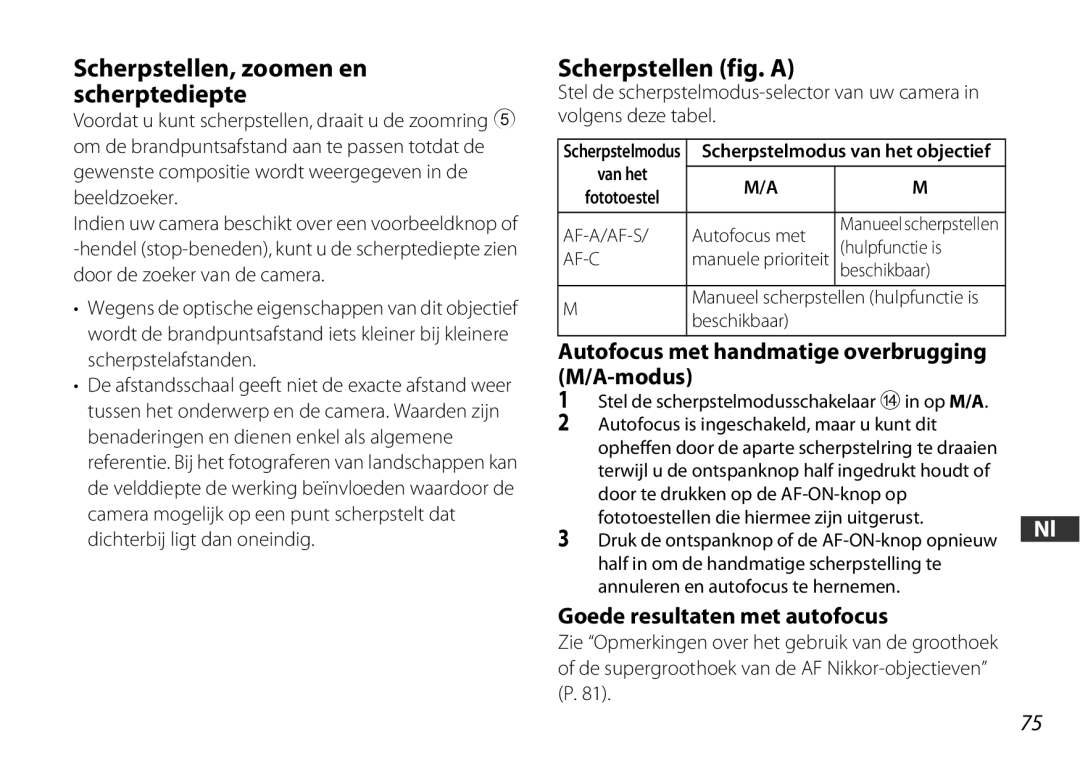 Nikon 2178 Scherpstellen, zoomen en scherptediepte, Scherpstellen fig. a, Autofocus met handmatige overbrugging M/A-modus 