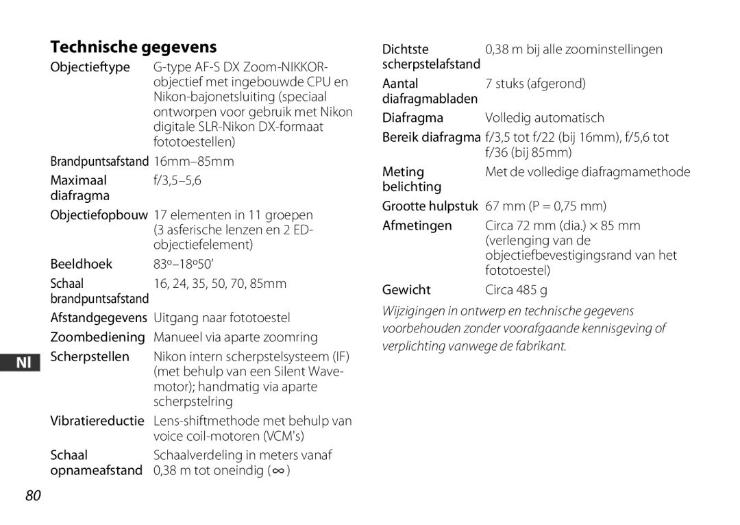 Nikon 2178 user manual Technische gegevens 