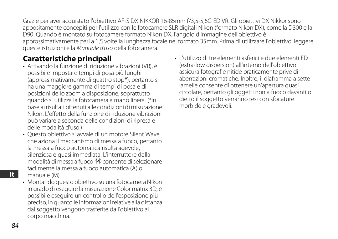 Nikon 2178 user manual Caratteristiche principali, Facilmente la messa a fuoco automatica a o It manuale M 