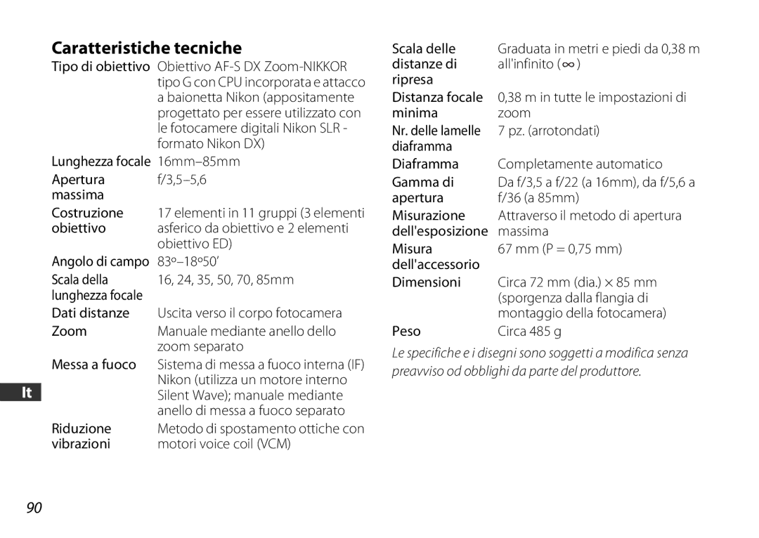 Nikon 2178 user manual Caratteristiche tecniche 