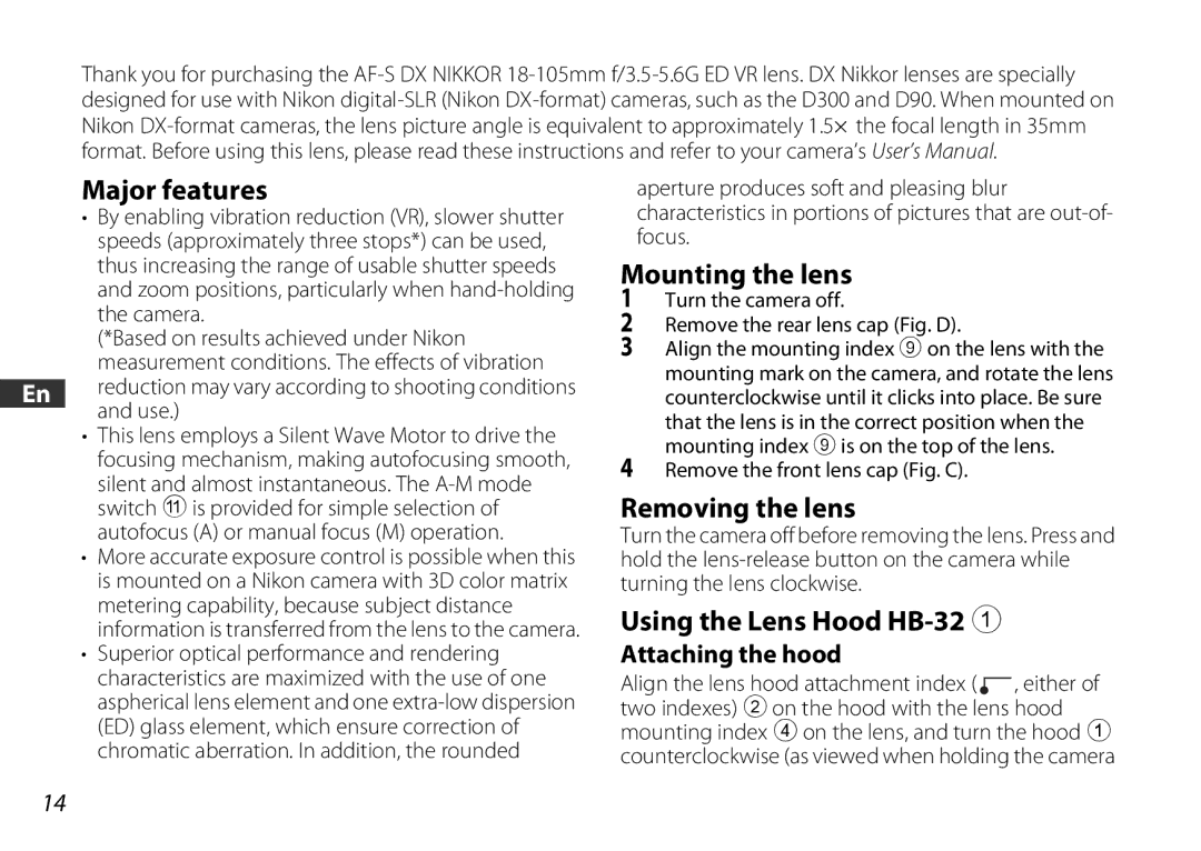 Nikon 2179 user manual Major features, Mounting the lens, Removing the lens, Using the Lens Hood HB-32, Attaching the hood 