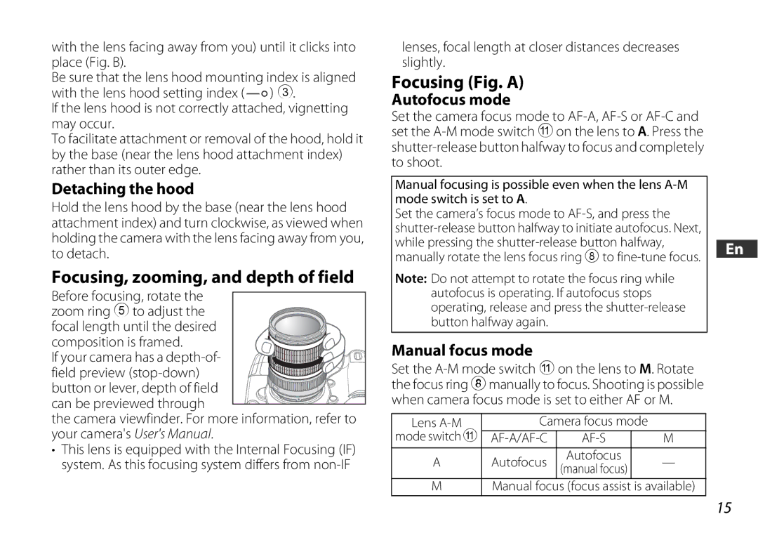 Nikon 2179 Focusing, zooming, and depth of field, Focusing Fig. a, Detaching the hood, Autofocus mode, Manual focus mode 