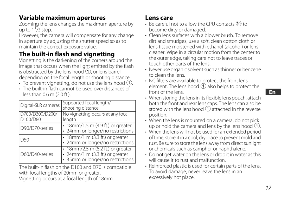 Nikon 2179 user manual Variable maximum apertures, Built-in flash and vignetting, Lens care 