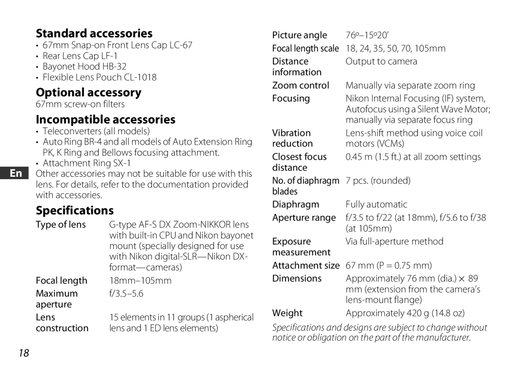 Nikon 2179 user manual Standard accessories, Optional accessory, Incompatible accessories, Specifications 