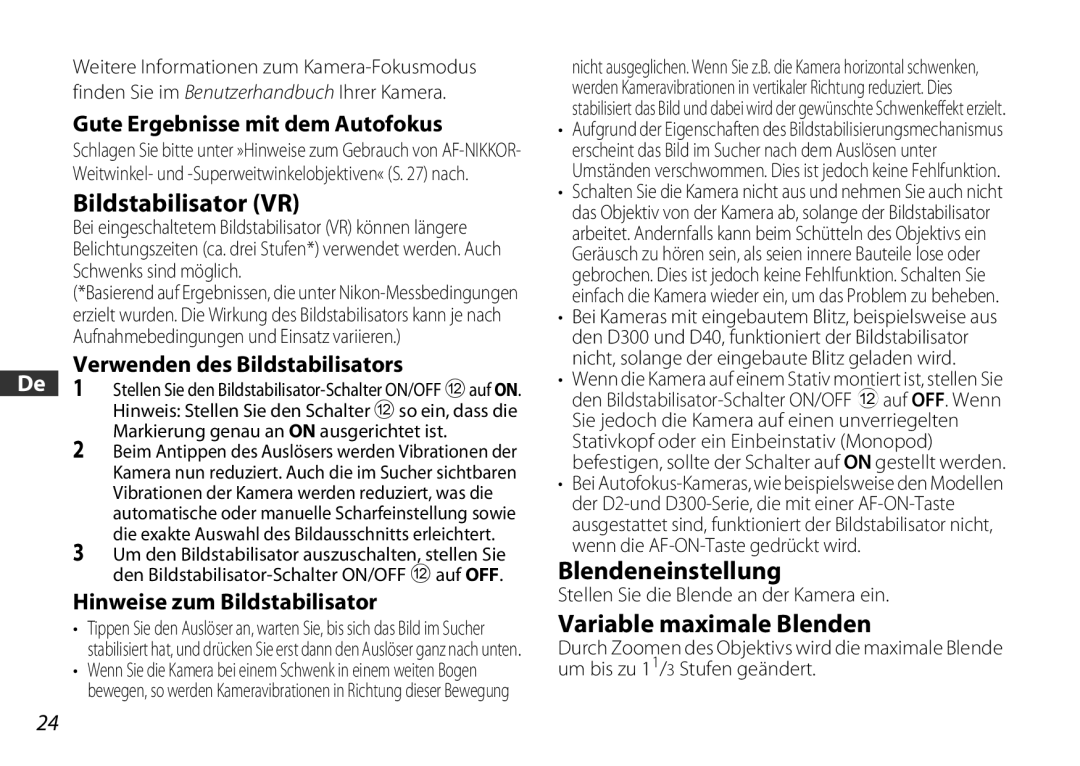 Nikon 2179 user manual Bildstabilisator VR, Blendeneinstellung, Variable maximale Blenden 