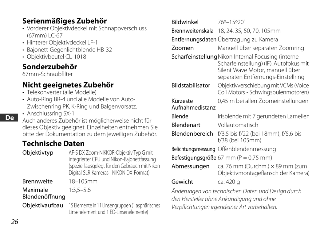 Nikon 2179 user manual Serienmäßiges Zubehör, Nicht geeignetes Zubehör, Technische Daten 