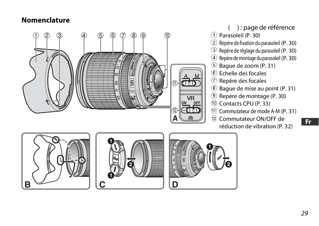 Nikon 2179 De référence, Parasoleil P, Commutateur ON/OFF de Réduction de vibration P, Commutateur de mode A-M P 