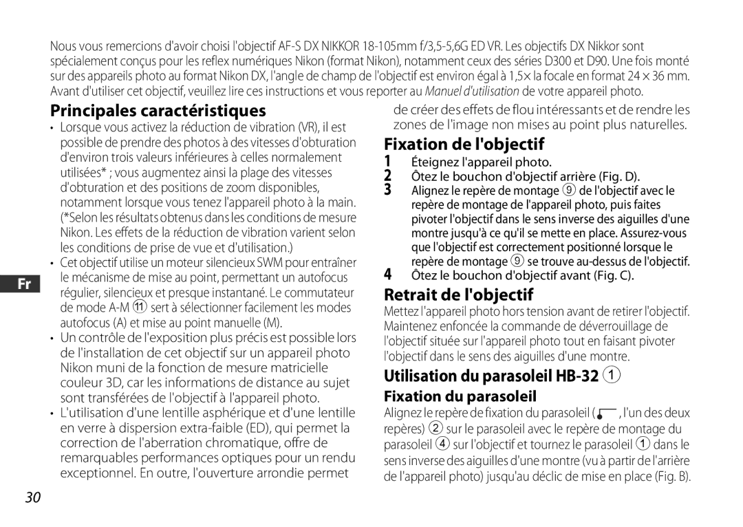 Nikon 2179 Principales caractéristiques, Fixation de lobjectif, Retrait de lobjectif, Utilisation du parasoleil HB-32 