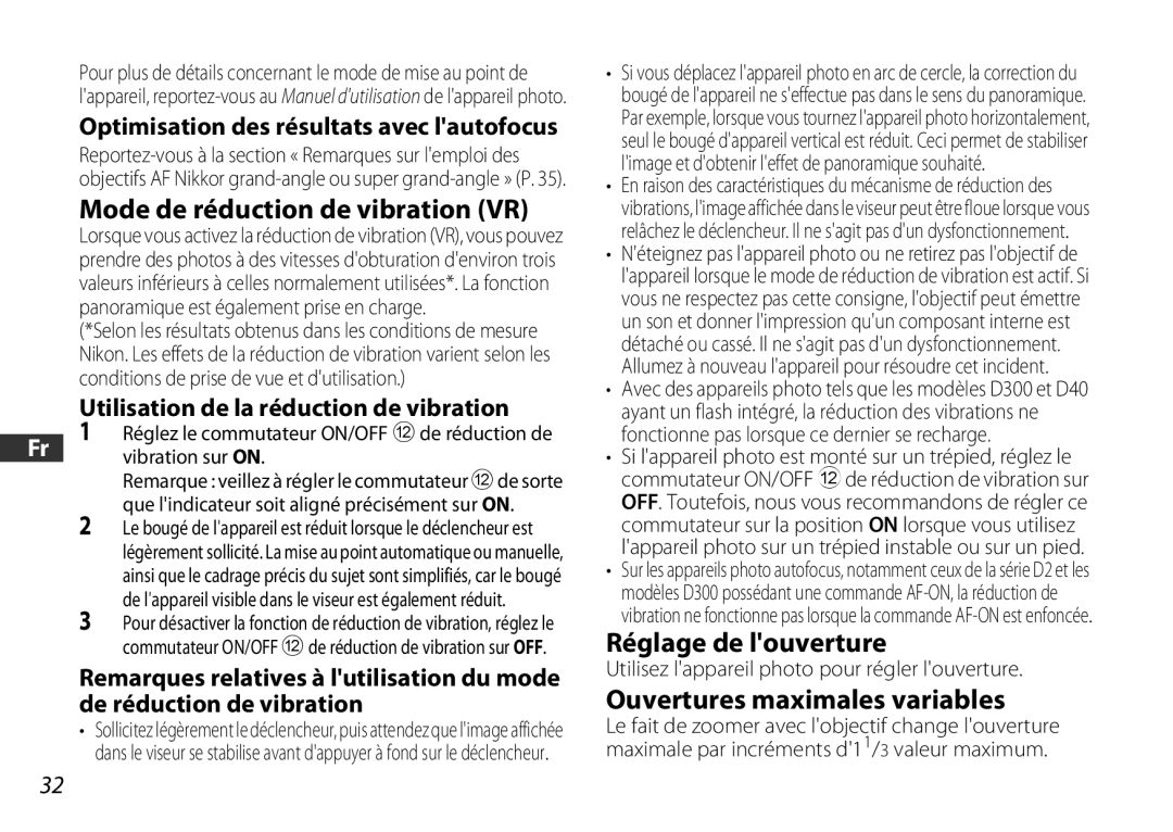 Nikon 2179 user manual Mode de réduction de vibration VR, Réglage de louverture, Ouvertures maximales variables 